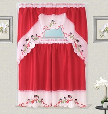 3-Piece Decorative Christmas Design Embroidered Kitchen Curtain Red Snowman