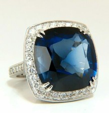 28.00CT Vivid Royal Blue Perfect Cushion Cut Sapphire  White CZ 925 Silver Ring