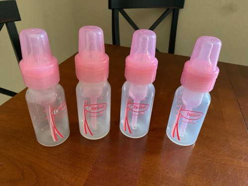 Dr. Brown's 4 Ounce Baby Bottles Pink Lot x 4 with Size 1 Nipple ~ Excellent!