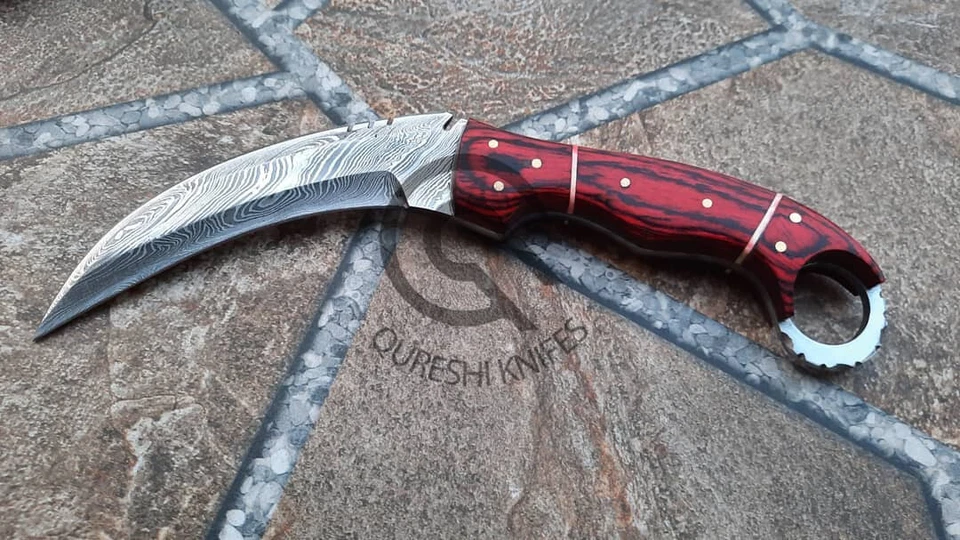 Cuchillo de caza Karambit de acero Damasco hecho a mano personalizado de 10" con funda de cuero Foto 2 de 4