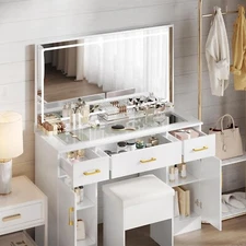 Vanity Makeup Desk Dressing Table W/ LED Lighted Mirror w/ Power Outlet White US