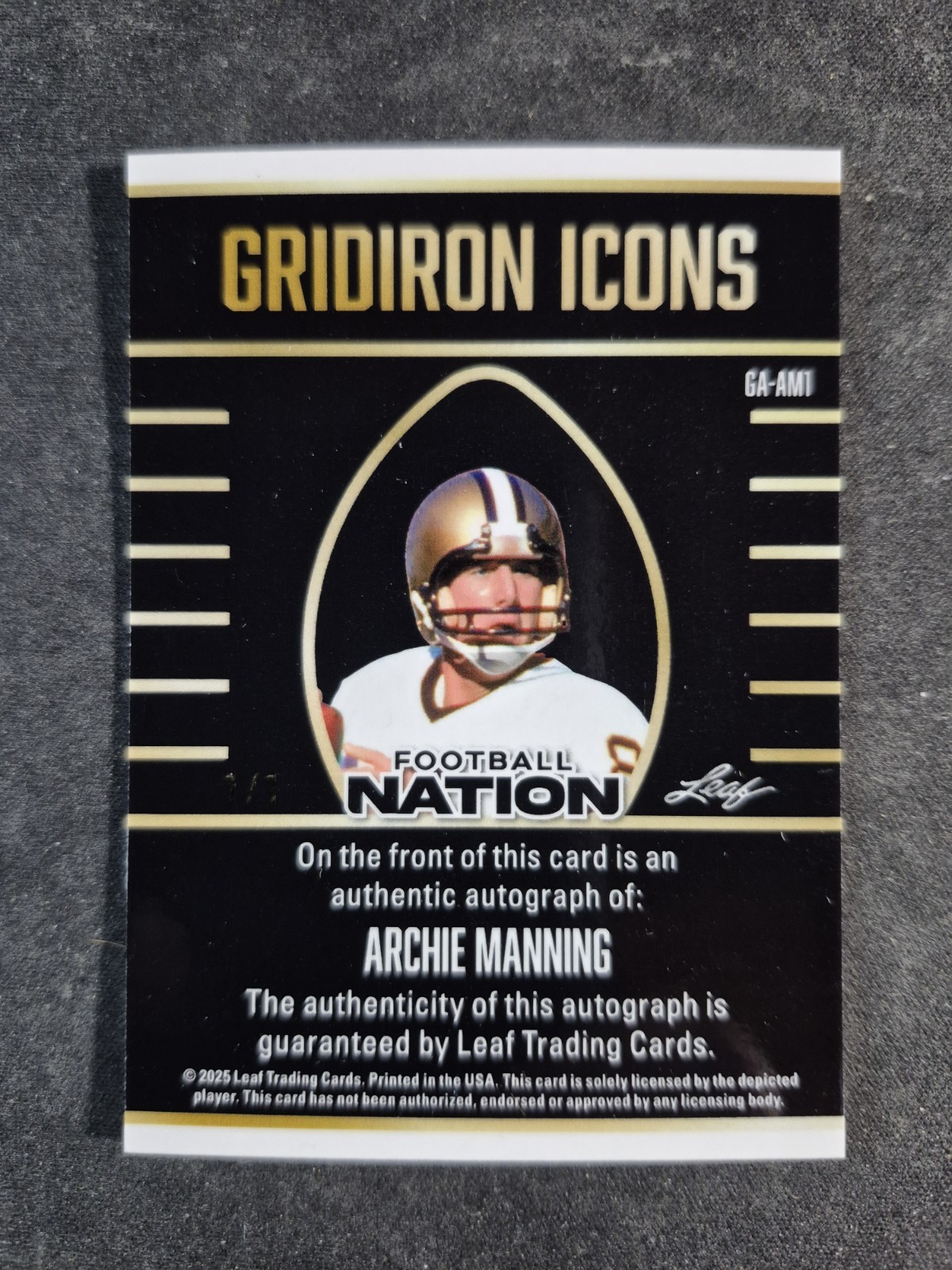 Archie Manning 1/1 Auto 2025 Leaf Football Nation Grid Iron Icons Prismatic Red view 2