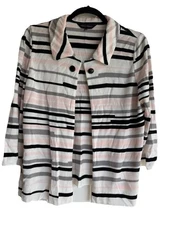 MING WANG Slinky Pink Black White Stripe Open Front Cardigan Size L