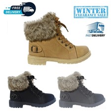 WOMEN LADIES ANKLE FUR LINE BOOTS FLAT GRIP SOLE WINTER ARMY COMBAT WINTER SALE