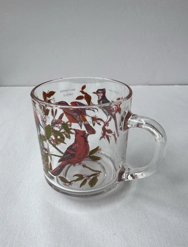 Arcoroc 1970s Vintage Bird Mug Glass 10oz Cardinal Blue Jay