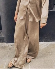 Zara Crinkled Satin Effect Pull On Wide Leg Pants Beige Size XS NWOT