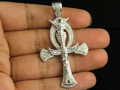 1Ct Round Cut Real Moissanite Eagle Ankh Cross Pendant 14K White Gold Plated