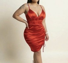 Red Satin Ruched Sleeveless Bodycon Short Dress V-Neck Strappy Summer