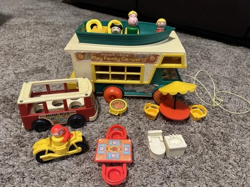 VTG Fisher Price Little People Play Family Camper, Boat, Bus, Motorcycle&Access.