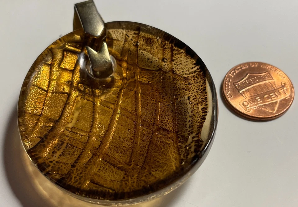 ONE Large Heavy Oval Domed Brown & Silver Dichroic Glass Pendant 53mm 2 1/8" P14 - Image 4 of 4