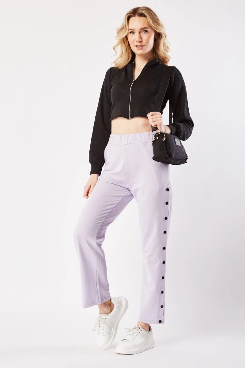 Wide Leg Joggers Popper Button Trim Tracksuit Bottoms Womens