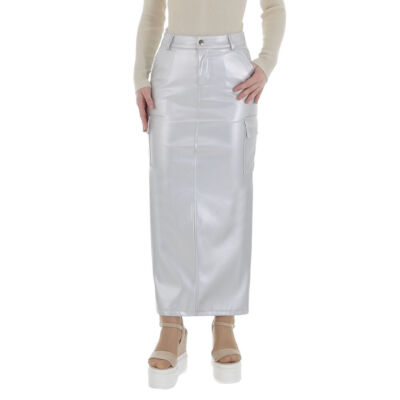 Damen Stretch Knöpfe Reissverschluss Rock 6760 Ital-design In Silber