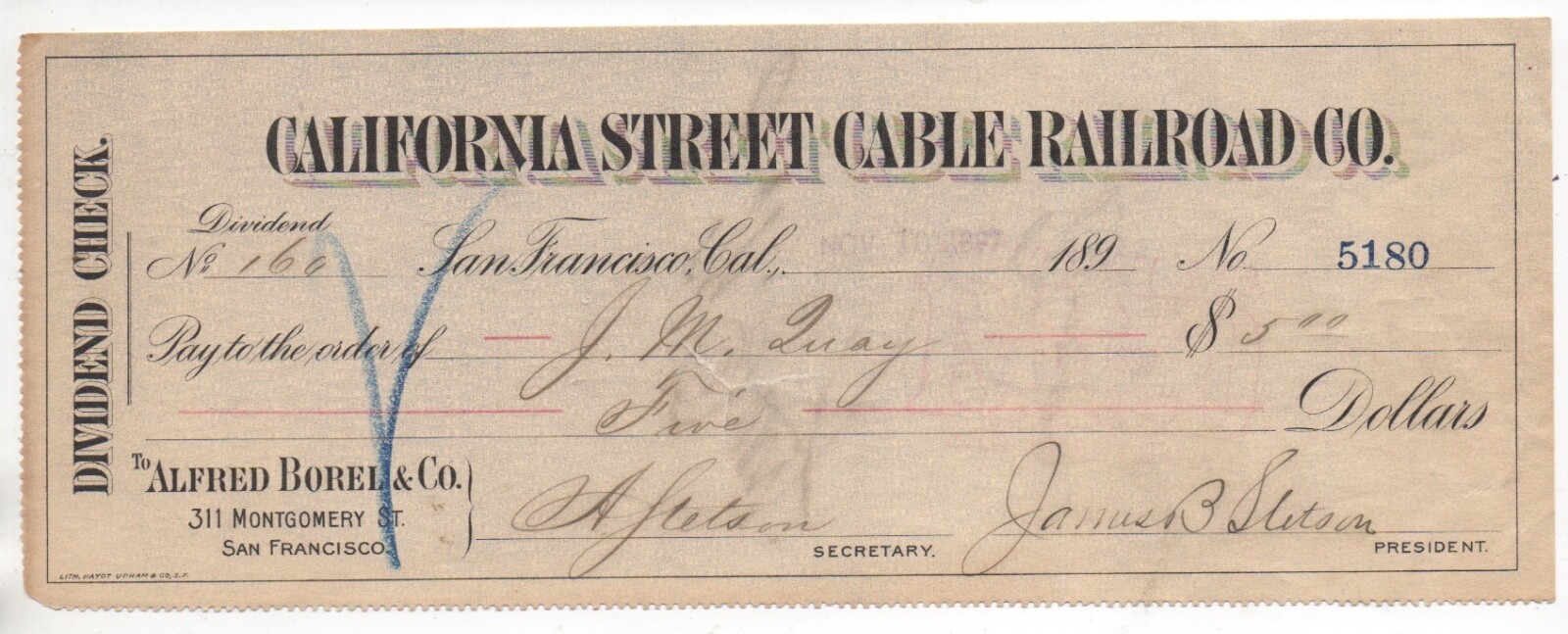 1890s Check from the California Street Cable Railway Co San Francisco CA eBay
