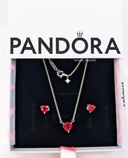 NEW 100% Authentic PANDORA Sparling Red Heart Necklace Earrings Jewelry Gift Set