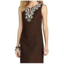 Ladies Talbots Brown Linen Beaded Sleeveless Sheath Dress Size 4
