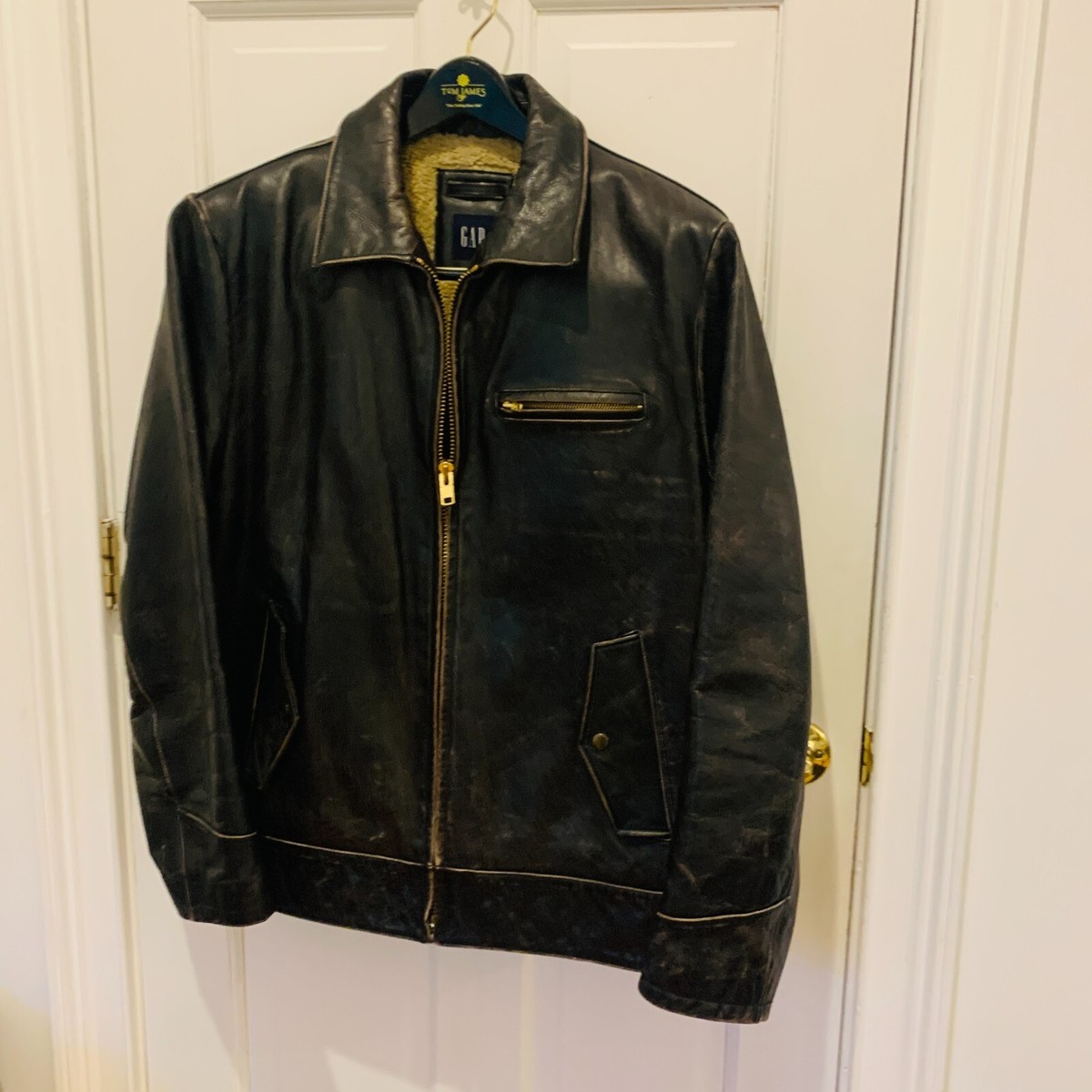 Vintage 90s GAP Distressed Black Leather Jacket Sherpa Vintage 90s GAP Distressed Black Leather Jacket Sherpa