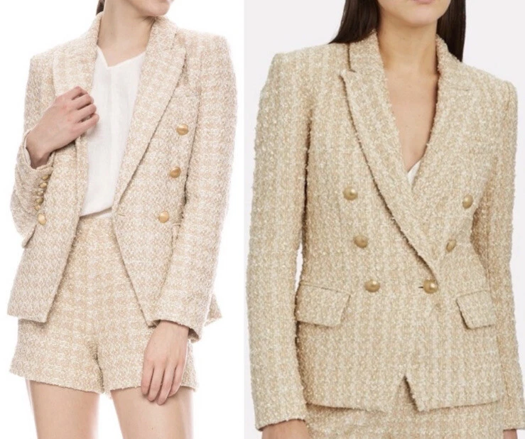 $688 L’AGENCE 2 Chaqueta Kenzie X-Pequeña Abrigo Blazer Doble Pecho Dorado Blanco XS Foto 3 de 4