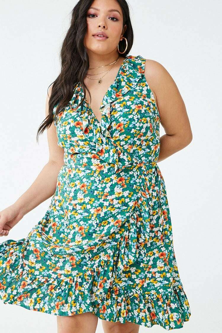 Forever 21 Green Multi Plus Size Floral Ruffle-Trim Wrap Dress 3X | eBay