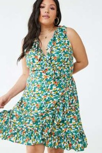 Forever 21 Green Multi Plus Size Floral Ruffle Trim Wrap Dress 3x
