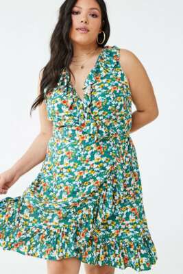 Forever 21 Green Multi Plus Size Floral Ruffle-Trim Wrap Dress 3X