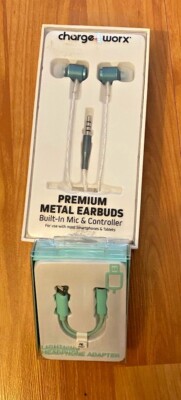Charge Worx Premium Metal Earbuds/Built-In Mic Controller+Free Lightning adapter