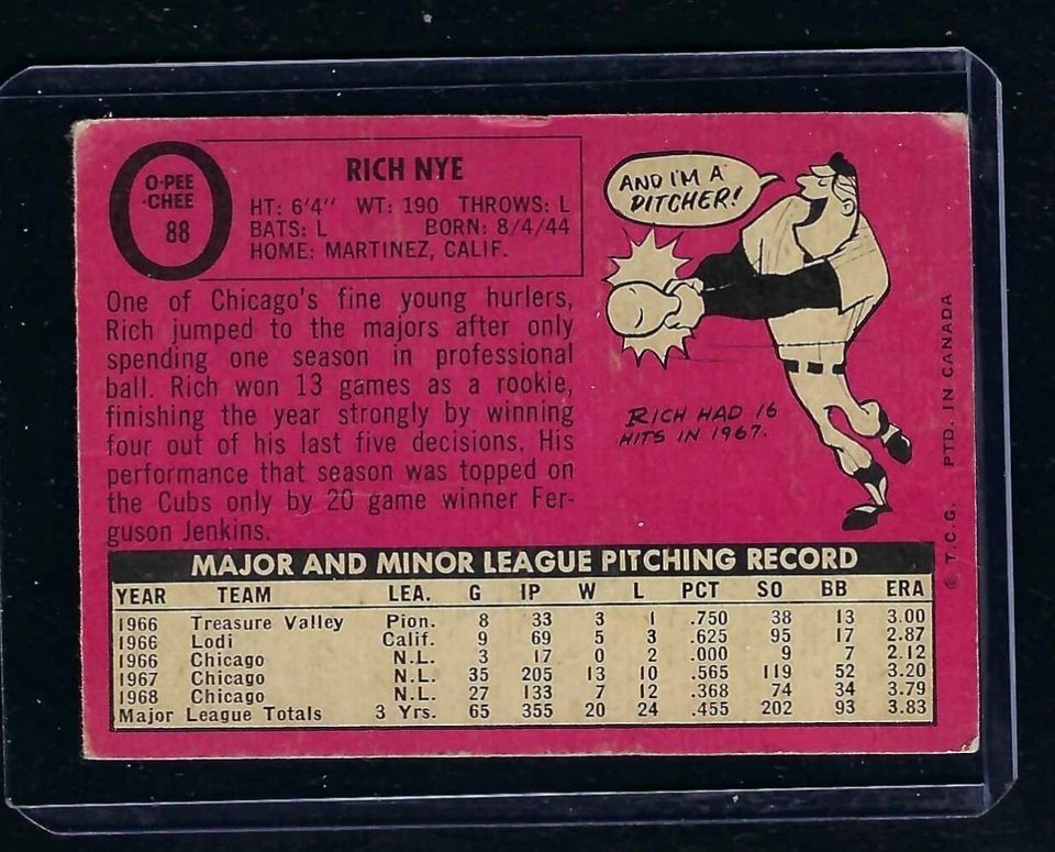 1969 OPC O-Pee-Chee #88 Rich Nye, Chicago Cubs, VG! - Image 2 of 2