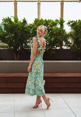knee length dresses for ladies Zimmermann Ascension Frill Midi Dress, Light Blue Palm Floral main image 1