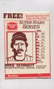 SALE!  1986 Meadow Gold Milk Baseball Card Mike Schmidt Philadelphia Phillies