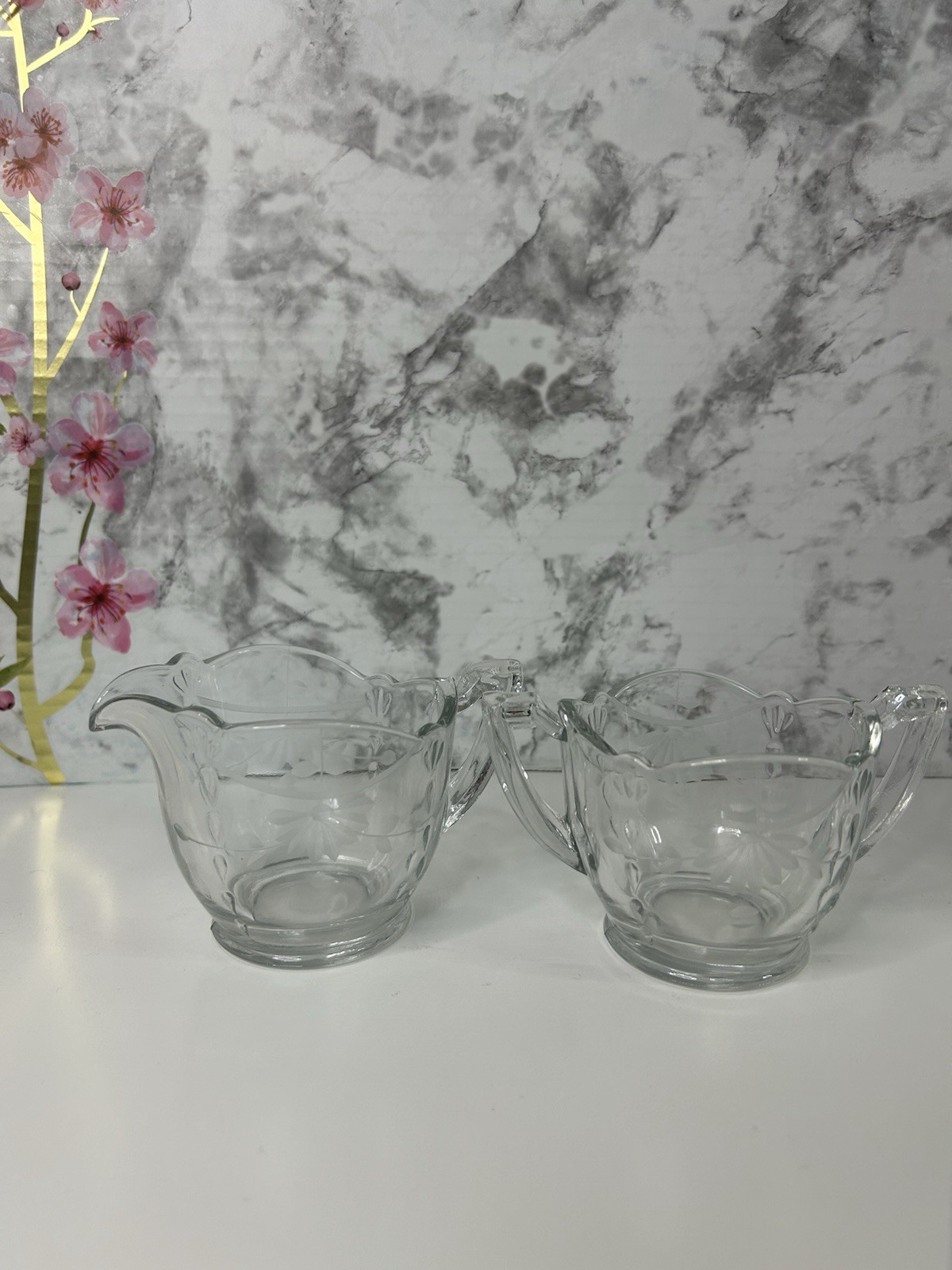 Vintage Glass Creamer & Open Sugar Set Etched Clear Floral Replacement Creamer