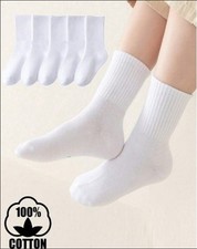 5 Pairs Kids White Cotton Socks Crew, 100 Cotton, Casual , Mid-Calf, Size 9-13Y