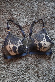 Bordelle Amaya Soft Triangle Bra Blue Navy Blk floral embroidered 24k Large NWOT