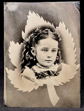 RARE 4 1/2 X 6 1/2 INCH TINTYPE - MONTAGE OF BEAUTIFUL GIRL'S FACE & LEAF MOTIF