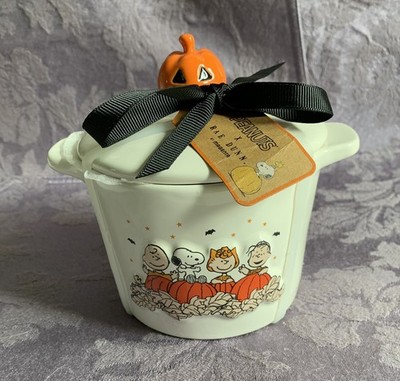Rae Dunn x Peanuts Halloween Ceramic Candy Jar w/ Pumpkin Lid Handle 