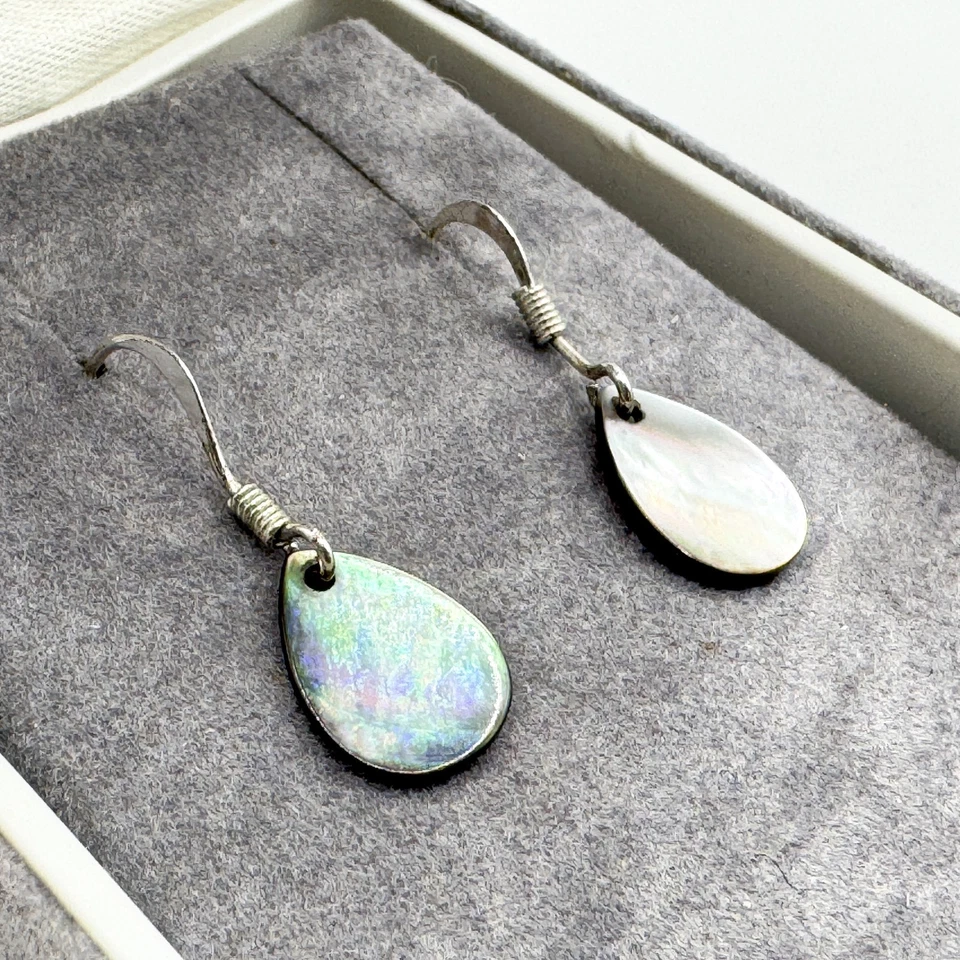 Vintage Abalone Teardrop Hook Dangle Drop Earrings Paua Shell Silver Tone - Image 3 of 4