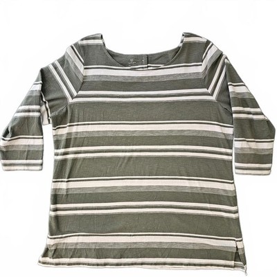 T by Talbots Womens Plus 1X Peek-a-Boo Back Striped Blouse Green White Preppy