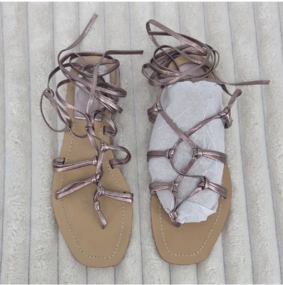 Anthropologie Metallic Rose Lace-Up Gladiator Sandals Size 8