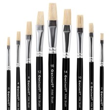 9 PCS Black Handle Flat Paint Brush Set Natural White Hog Bristle Acrylic Oil