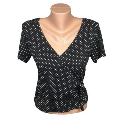 Ragdoll Black White Polka Dot Wrap Top Short Sleeve V-Neck Blouse Size Small
