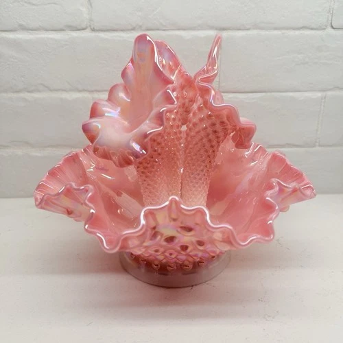 Fenton Glass 3Horn Mini Hobnail Epergne Rosalene Pink Carnival Museum Collection