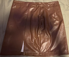 SheIn Brown Faux Leather Pencil Skirt Zip Slit High Rise Short Size M