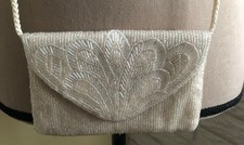 Tight Beaded Ivory Iridescent Cocktail Purse with Braided Strap EUC