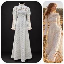 Vintage 70s Calico Floral Prairie Maxi Dress Lace Cottagecore Victorian