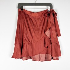 NEW Maeve Anthropologie Satin Multi Layer Ruffle Mini Wrap Skirt Rust Medium