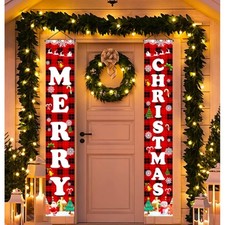 Merry Christmas Porch Sign Banner Buffalo Plaid Xmas Door Hanging Decor