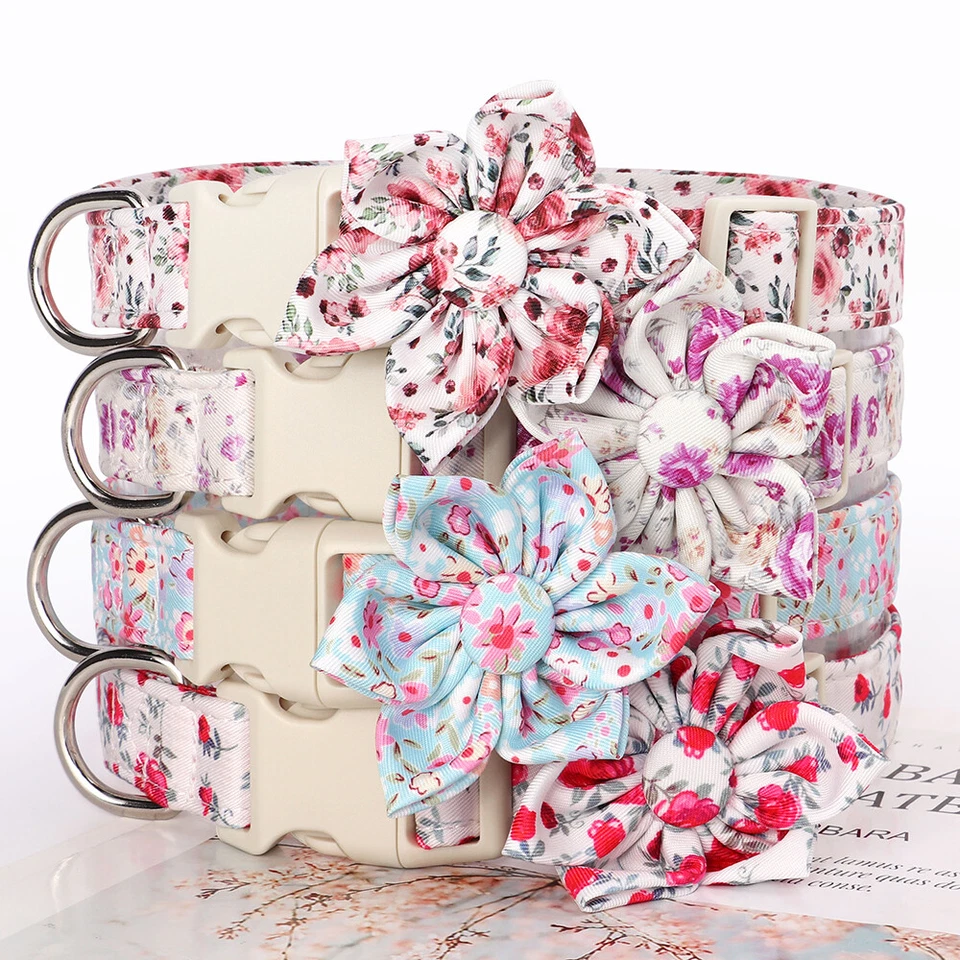 Floral Nylon Dog Collar with Removable Flower Adjustable Buckle Pet Necklace S-L - Image 2 of 4