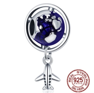 Silber S925 Reise Flugzeug blaue Kugel Erde Hänger Charm Anhänger Armband