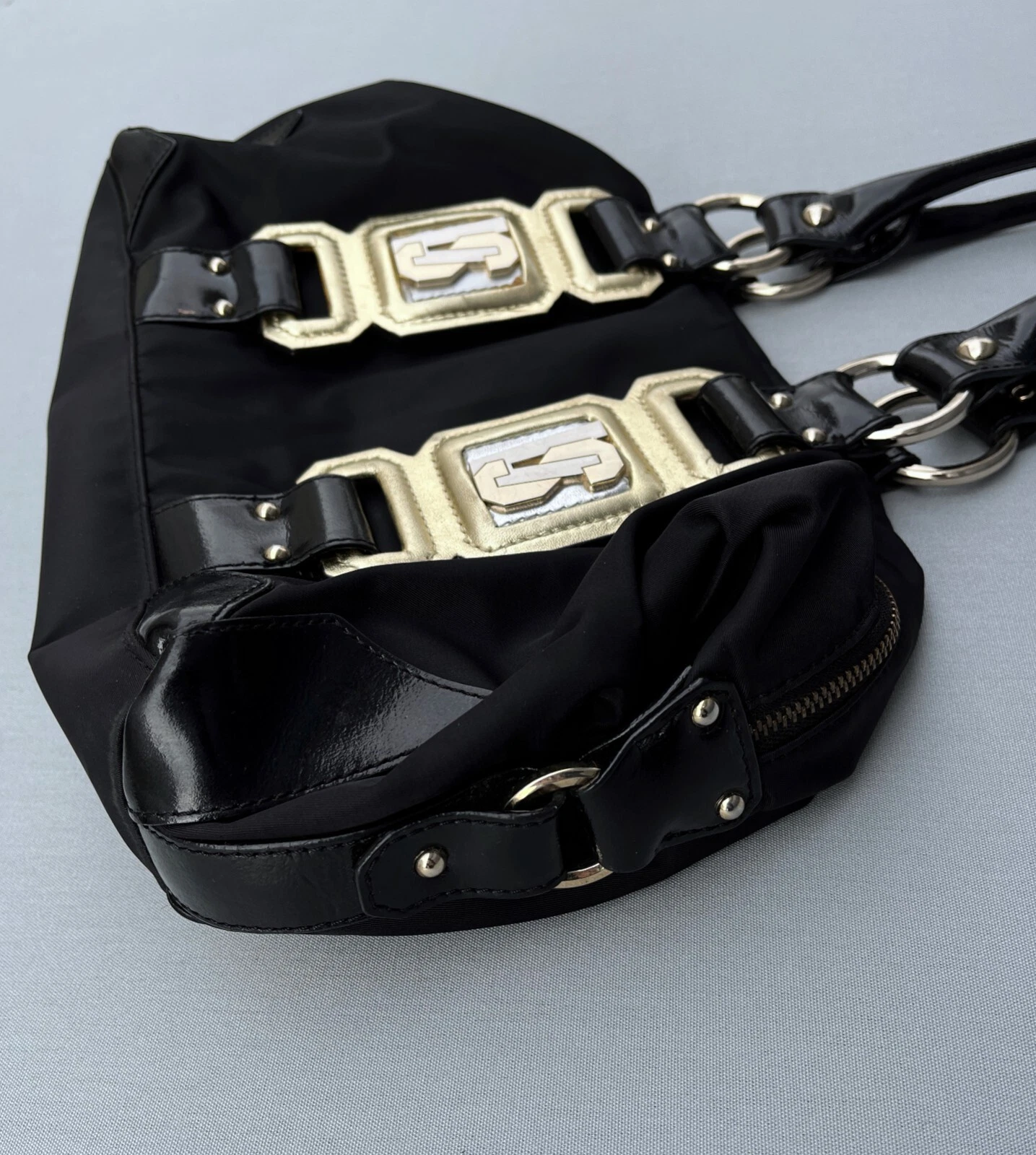 Autentica borsa tote VERSUS by GIANNI VERSACE dettagli logo Y2K nylon pelle nera
