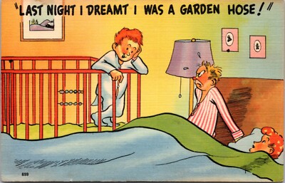 Postcard Comic Boy wets bed - Last night I dreamt I was a garden hose!