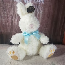 FAO Schwarz Fluffy White Bunny Blue Satin Ribbon NWT Plush Toy 13"