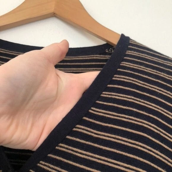 J. CREW Microstripe Cardigan Navy Blue Tan Elbow Patch Cotton WOOL Sweater sz XS - Image 4 of 4